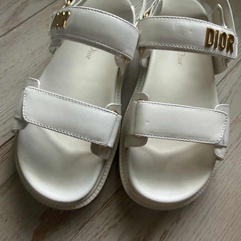 Dior White Leather Sandals with Gold Logo - Picture 5 of 10